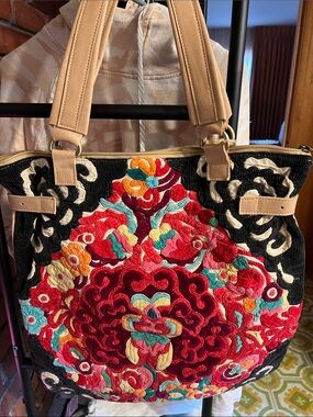Wabags Boho Embroidered Floral Black Tote with Tan Handles